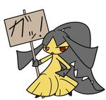  black_hair concave_(artist) female hair japanese_text mawile nintendo open_mouth pok&eacute;mon red_eyes sign solo teeth text translation_request video_games 
