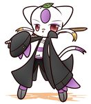  ambiguous_gender blush cat_tail coat concave_(artist) feline leaf looking_at_viewer mammal mienshao nintendo plain_background pok&eacute;mon red_eyes solo stick trenchcoat video_games weapon 