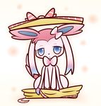  ambiguous_gender blue_hair blush bow concave_(artist) eeveelution hair hat looking_at_viewer nintendo plain_background pok&eacute;mon ribbons solo sylveon video_games 