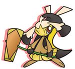  alternate_outfit ambiguous_gender black_hair concave_(artist) hair hammer mawile nintendo one_eye_closed plain_background pok&eacute;mon red_eyes smile solo tongue tools video_games wink 