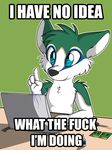  2014 anthro black_nose canine computer cyan_eyes dog english_text fur glue green_fur humor husky image_macro lol_comments male mammal meme nekohaiku playful reaction_image screwdriver smile solo swearing tailtippedfennec text tools white_fur wires 