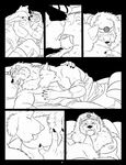  abs anthro bed black_and_white canine clothing comic duo excitement fangs gay kissing licking lying_in_bed male mammal monochrome multiple_tails muscles nipple_lick nipples on_bed open_mouth shorts tongue tongue_out wfa wolf 