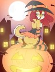  anthro bat breasts building butt canine cat clothed clothing ear_piercing feline female glowing green_eyes hair halloween hat hi_res holidays legwear looking_back mammal moon open_mouth outside paws piercing pumpkin raised_tail red_hair solo stockings striped_legwear witch_hat zyira 