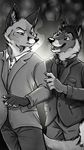  2014 anthro blackteagan bow_tie canine clothing duo ear_piercing fox kyell_gold male mammal open_mouth piercing shirt suit tuxedo wolf 