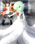  blue_eyes blush boots door dress fantajii_dm_(artist) female gardevoir gloves green_hair hair hoodie horn human humanoid mammal mega_evolution mega_gardevoir necklace nintendo pok&eacute;mon pok&eacute;mon_trainer red_eyes skirt smile video_games 