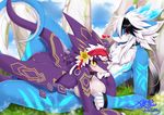  2014 anthro blush breasts claws dragon dragoon86 duo female hair nude wolflong 