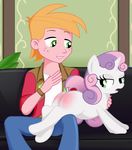  2014 big_macintosh_(eg) clothing duo equestria_girls equine female feral friendship_is_magic fur green_eyes hair horn human male mammal my_little_pony ohohokapi on_lap over_knee sitting spanking straight sweetie_belle_(mlp) two_tone_hair unicorn white_fur young 