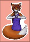  &lt;3 2014 anthro asami badge blue_eyes border braided_hair canine collar collar_tag dress female fox freckles fuzzywuff gloves_(marking) hair looking_at_viewer mammal markings necklace pg signature smile solo standing 