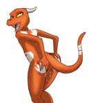  ambiguous_gender anthro butt cum cum_inside cum_on_butt cum_on_thigh fangs horn kobold markings nude open_mouth orange_body presenting rml slit_pupils smile solo tattoo tongue tugma yellow_sclera 