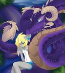  abstract_background ambiguous_gender anthro blonde_hair claws clothing couple dragon duo fantasy fur girly hair horn jay kyttnxkisaragi_(artist) lagomorph male mammal rosgorn_(character) scales scalie shorts spikes swimsuit tattoo 