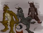  2014 animal_genitalia anthro balls charr claws fangs feline fur group guild_wars guild_wars_2 hair horn male mammal nude paws pinup pose sheath video_games volac 