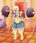  anthro anubian_jackal belly big_breasts black_lips blonde_hair breasts canine claws clothed clothing dripdry exercise fangs female gym hair herro jackal male mammal milf mother navel open_mouth parent shirt short_tail standing sweatpants tank_top teeth under_boob voluptuous weights wide_hips workout 
