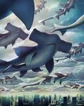  animal black_eyes building city closed_mouth cloud cloudy_sky day flying flying_fish hammerhead_shark kakotomirai no_humans original oversized_animal shark sky 