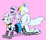  all_fours ambiguous_gender anthro blush canine collar crossdressing doggystyle duo dweet-tea eyes_closed from_behind gay male mammal nude pawpads paws piercing plain_background pull sex simple_background smile wolf 