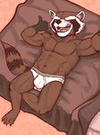  anthro bed biceps briefs brown_fur claws clothing fangs fur guardians_of_the_galaxy looking_at_viewer male mammal marvel muscles navel partially_nude pecs raccoon rocket_raccoon solo spectral-bat teeth toe_claws topless underwear white_fur 