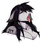  anthro black_hair breasts bust_portrait canine cleavage clothed clothing eyes_closed fangs female greywolf_blacksock hair lolling_tongue mammal nude open_mouth saliva solo suggestive sweat tattoo unregisteredcat wolf 