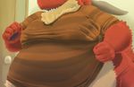 anthro big_ears bottomless chest_tuft clothed clothing dragon fist fur furred_dragon half-dressed male nixx obese overweight red_fur scalie simple_background smile solo sweater teeth tuft 