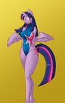  2014 anthro anthrofied big_breasts blue_hair blush breasts clothing cutie_mark equine feathers female friendship_is_magic fur hair horn long_hair looking_at_viewer mammal mastergodai my_little_pony navel open_mouth pink_hair plain_background purple_eyes purple_feathers purple_fur purple_hair solo standing swimsuit thick_thighs tight_clothing twilight_sparkle_(mlp) wide_hips winged_unicorn wings yellow_background 
