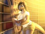  2014 anthro big_breasts black_hair book breasts climbing clothing female gecko green_eyes grey_skin hair holding_book inside ladder library lizard looking_down nails reading reptile revadiehard scalie shirt shorts smile solo spots the_assistant thick_thighs white_skin 