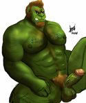  2014 abs balls beard biceps bin_(artist) chest_tuft dripping erection facial_hair fangs fur humanoid humanoid_penis male muscles nipples not_furry nude orc pecs penis plain_background precum pubes solo tuft 