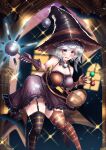 1girl absurdres alternate_costume aonori00 blue_eyes breasts cleavage halloween hat highres holding large_breasts merlin_prismriver open_mouth short_hair solo thighhighs touhou wand witch witch_hat 