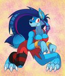  2014 4_fingers anthro big_hair black_nose blue_fur canine claws clothed clothing crouching fangs female fur hair jayjay_(character) jiji_(character) long_hair looking_at_viewer mammal multicolored_hair overalls piercing red_eyes rockmanzxadvent smile solo wolf wristband zoophobia 