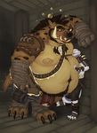  alcohol anthro armor belly beverage big_belly blush body_hair chest_hair clothed clothing dragon drunk duo fluffylai fur half-dressed happy_trail hyena leather leather_armor loincloth male mammal moobs navel nipples obese oblivious open_mouth overweight pinned scalie size_difference squash squish syrusdragon tongue topless 