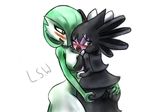  2012 anthro anus black_hair blue_eyes blush breasts butt duo female gardevoir gothitelle green_hair hair hair_over_eye humanoid lesbian lopsidedworld nintendo one_eye_closed open_mouth plain_background pok&eacute;mon purple_body pussy red_eyes video_games white_background white_body 