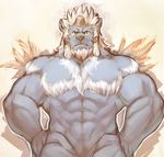  2014 abs anthro biceps big_muscles black_nose blue_skin chest_tuft facial_hair feathers fur hands_on_hips hi_res horn looking_at_viewer male muscles nude orange_eyes pecs plain_background ronso slit_pupils solo stan standing tuft 