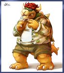  2014 3_toes anthro blitzdrachin bowser claws clothing dots eyes_closed eyewear fangs glasses hair hipster horn illustration koopa male mario_bros nerd nintendo overweight painting red_hair reptile scalie shell solo teeth toes video_games 