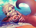  anthro beach bikini_top blue_eyes bottomless clothed clothing cloud digital_media_(artwork) ear_piercing falvie fangs female grin hair half-dressed looking_at_viewer mammal markings mustelid neck_ruff otter outside piercing seaside short_hair sky solo swimsuit water white_hair 