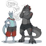  anthro bulge clothed clothing drakesapphire drayk drayk_dagger duo half-dressed kittydee lizard male reptile scalie shurian text topless 