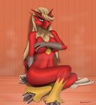  2014 anthro avian blaziken blue_eyes breasts covering covering_breasts covering_self devo87 female fur hi_res looking_at_viewer nintendo nude pok&eacute;mon red_fur solo video_games yellow_sclera 