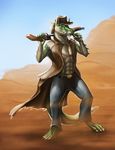  2014 abs alien anthro belt biological cigar claws clothing cowboy desert fangs front green_skin gun hat jeans leather_jacket looking_at_viewer male multiple_eyes muscles open_shirt ranged_weapon reptile scalie shirt shotgun smoking solo standing teeth weapon white_skin yellow_eyes 