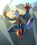  abs anthro apollo_(animal_crossing) biceps black_fur black_nose blue_eyes bulge canine clothing costume fur grin hair male mammal muscles pecs pose smile solo spider-man swinging teeth toned vallhund web white_fur white_hair wolf 