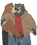  2014 anthro bear black_bear blush chubby clothed clothing couple dj-rodney duo eyes_closed fur gay grizzly_bear grope half-dressed hand_in_pants kissing male mammal plain_background rodney_(dj) standing topless waffle_(megawaffle) 