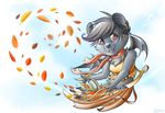  autumn black_fur black_hair black_nose clothed clothing cute ear_piercing fangs female fruit_bat fur gold hair happy leaves piercing plain_background ratte red_eyes ruun smile solo wheat white_background wings 