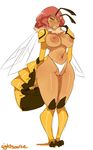  2014 antennae anthro arthropod big_breasts blush breasts claudette_(lightsource) clothed clothing digital_media_(artwork) female hair half-dressed hi_res hornet insect lightsource looking_at_viewer navel nipples plain_background red_hair solo standing topless underwear white_background wings 