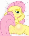  absurd_res anus bed bedroom_eyes butt clitoral_winking clitoris equine feathers female feral fluttershy_(mlp) friendship_is_magic fur godoffury hair hi_res long_hair looking_at_viewer looking_back lying mammal my_little_pony on_bed pegasus pink_hair presenting pussy raised_tail rear_view smile solo teal_eyes wings yellow_fur 