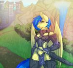  anthro anthrofied armor avante92 blue_hair clothing equine fan_character female gloves hair loincloth mammal my_little_pony pegasus silvia_windmane solo suit sword unconvincing_armor weapon wings yellow_body 