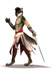  2014 abs anthro assassin assassin&#039;s_creed blue_eyes brown_fur canine claws clothed clothing dog ear_piercing fur half-dressed male mammal muscles nipples pecs piercing pose solo straps sword tar0 topless video_games weapon 