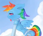  2014 anthro blue_feathers blue_skin clothing cloud cloudscape cutie_mark elbow_gloves equine feathers female friendship_is_magic gloves hair lingerie looking_at_viewer mammal maniacbox multicolored_hair my_little_pony outside pegasus pink_eyes rainbow_dash_(mlp) rainbow_hair short_hair sky solo tongue tongue_out wings 