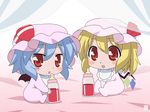  baby baby_bottle bat_wings bed bib blonde_hair blood blue_hair blush_stickers bottle canopy_bed chibi drinking flandre_scarlet hat hatomugisan multiple_girls red_eyes remilia_scarlet short_hair siblings signature sisters smile touhou vampire wings younger 