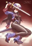  bearclaw black_hair bob_cut bodysuit boots brown_background brown_hair cape character_name chloe_valens copyright_name hat high_heels shoes short_hair solo sword tales_of_(series) tales_of_legendia very_short_hair weapon 