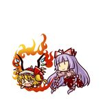  &gt;_&lt; :d chibi closed_eyes fire flandre_scarlet fujiwara_no_mokou happy long_hair multiple_girls one_side_up open_mouth playing simple_background smile socha touhou very_long_hair xd |_| 