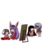  :&gt; animal_ears black_hair blazer bloomers braid bunny_ears carrot chibi cosplay costume_switch dress embarrassed hat houraisan_kaguya houraisan_kaguya_(cosplay) inaba_tewi inaba_tewi_(cosplay) jacket long_hair multiple_girls necktie no_eyes open_mouth pleated_skirt purple_hair reisen_udongein_inaba reisen_udongein_inaba_(cosplay) short_hair silver_hair simple_background skirt socha touhou underwear very_long_hair yagokoro_eirin yagokoro_eirin_(cosplay) |_| 