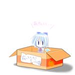  1girl blue_eyes blue_hair box cardboard_box cirno for_adoption in_box in_container mad_(kusakabe) mikan_box sad solo teardrop touhou translated wings 