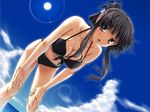  akiyama_mio alternate_hairstyle bent_over bikini black_eyes black_hair breasts cleavage day dutch_angle fingernails front-tie_top k-on! large_breasts leaning_forward lens_flare long_fingernails long_hair miyai_sen navel solo strap_gap swimsuit wet 