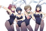  amagi_yukiko anger_vein angry animal_ears back-seamed_legwear bare_shoulders black_eyes black_hair blue_eyes blue_hair blush bow bowtie breasts brown_eyes brown_hair bunny_ears bunnysuit cleavage contrapposto detached_collar em hands_on_hips kujikawa_rise large_breasts medium_breasts multiple_girls one_eye_closed pantyhose persona persona_4 pointing red_eyes red_hair satonaka_chie seamed_legwear shirogane_naoto standing suta_furachina 