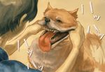  :d animal dog fingersmile hayate_(summer_wars) jinnouchi_wabisuke kodama_(artist) open_mouth over_shoulder pinching saliva shiba_inu smile summer_wars teeth tongue tongue_out 